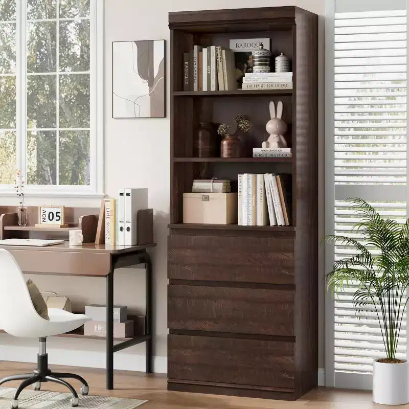 Bibliothèque de 70 pouces, meuble de rangement en bois avec trois tiroirs pour salon, bureau, cuisine, bureau à domicile