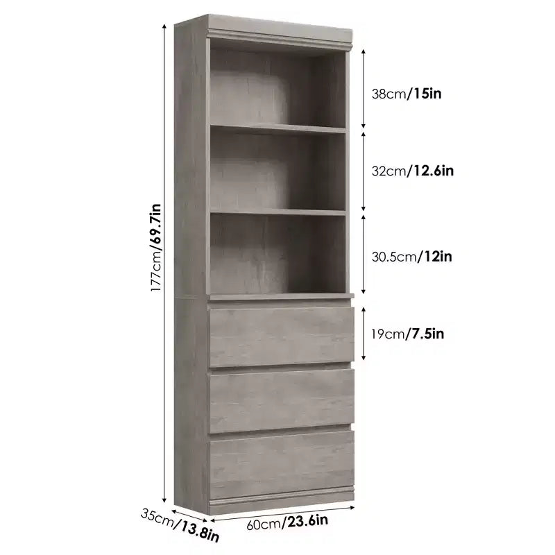 Bibliothèque de 70 pouces, meuble de rangement en bois avec trois tiroirs pour salon, bureau, cuisine, bureau à domicile