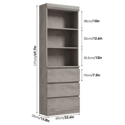 Bibliothèque de 70 pouces, meuble de rangement en bois avec trois tiroirs pour salon, bureau, cuisine, bureau à domicile