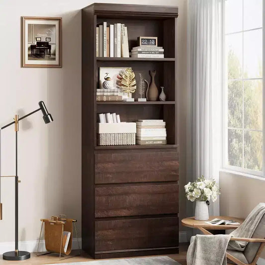 70 Inch Bookcase, Wooden Storage Cabinet Organizer with Three Drawers for Living Room, Study, Kitchen, Home Office