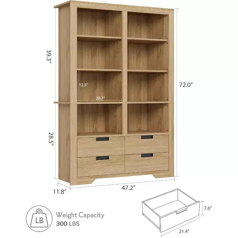 Bibliothèque haute de 72", bibliothèque double largeur à 4 niveaux avec 4 tiroirs, grande étagère ouverte autoportante, idéale pour le salon, le bureau, la bibliothèque