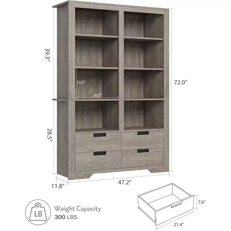 Bibliothèque haute de 72", bibliothèque double largeur à 4 niveaux avec 4 tiroirs, grande étagère ouverte autoportante, idéale pour le salon, le bureau, la bibliothèque