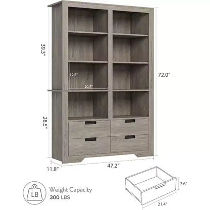 Bibliothèque haute de 72", bibliothèque double largeur à 4 niveaux avec 4 tiroirs, grande étagère ouverte autoportante, idéale pour le salon, le bureau, la bibliothèque