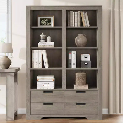 Bibliothèque haute de 72", bibliothèque double largeur à 4 niveaux avec 4 tiroirs, grande étagère ouverte autoportante, idéale pour le salon, le bureau, la bibliothèque
