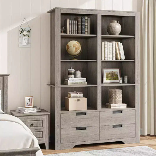 72 High Bookshelf, 4-Layer Double-Width Bookshelf With 4 Drawers, Large Freestanding Open Bookcase Suitable for Living Room, Office, Library