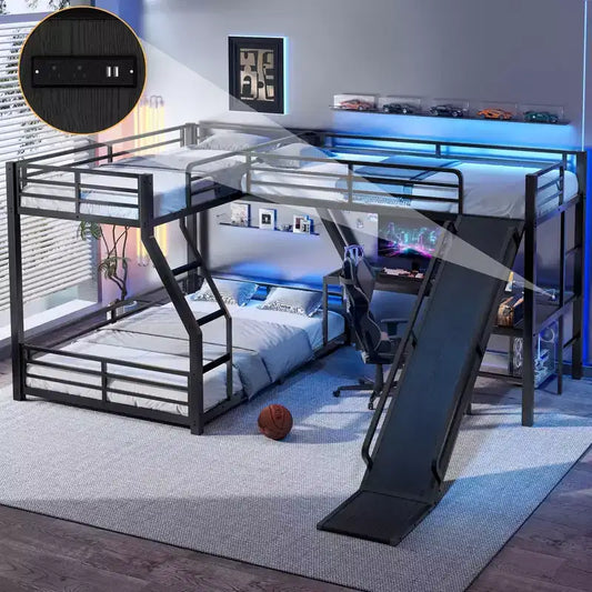 L-Shaped Twin over Full Bunk Bed with Twin Size Loft Bed, Metal Triple Bunk Bed with Slide and USB Ports, Black