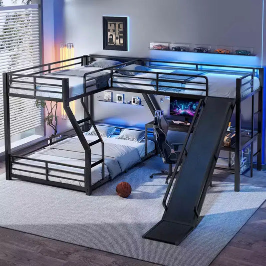 Lit superposé en L avec lits jumeaux superposés et lit mezzanine double, lit superposé triple en métal avec toboggan et ports USB, noir
