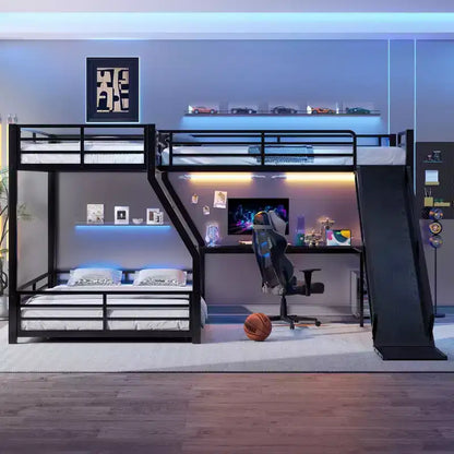 Lit superposé en L avec lits jumeaux superposés et lit mezzanine double, lit superposé triple en métal avec toboggan et ports USB, noir