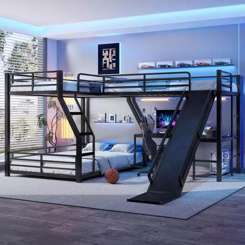 Lit superposé en L avec lits jumeaux superposés et lit mezzanine double, lit superposé triple en métal avec toboggan et ports USB, noir