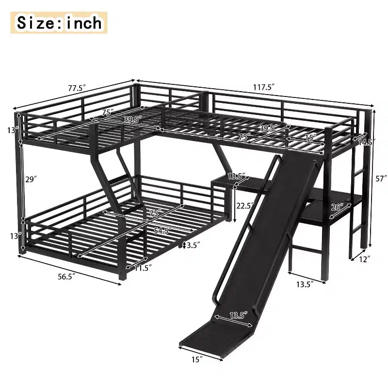 Lit superposé en L avec lits jumeaux superposés et lit mezzanine double, lit superposé triple en métal avec toboggan et ports USB, noir