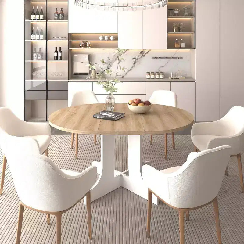 Table à manger extensible de ferme Okak 59IN avec pieds croisés, table de cuisine avec rallonge amovible, table pliante pour la cuisine, blanc+chêne