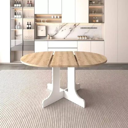 Table à manger extensible de ferme Okak 59IN avec pieds croisés, table de cuisine avec rallonge amovible, table pliante pour la cuisine, blanc+chêne