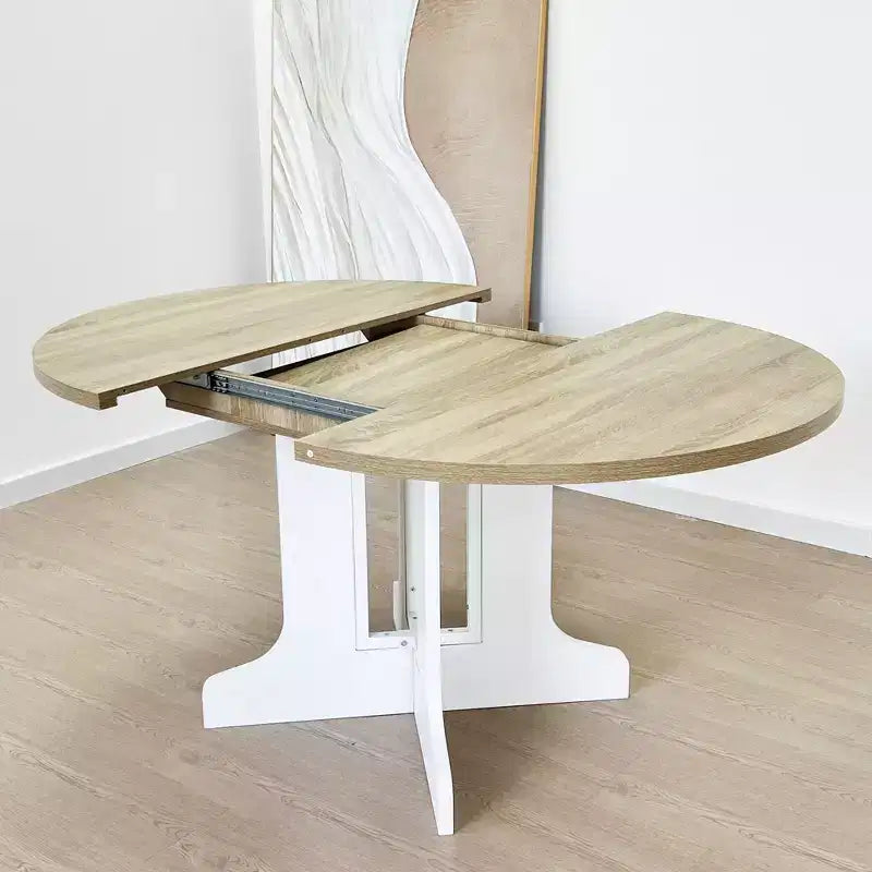 Table à manger extensible de ferme Okak 59IN avec pieds croisés, table de cuisine avec rallonge amovible, table pliante pour la cuisine, blanc+chêne