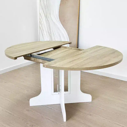 Table à manger extensible de ferme Okak 59IN avec pieds croisés, table de cuisine avec rallonge amovible, table pliante pour la cuisine, blanc+chêne