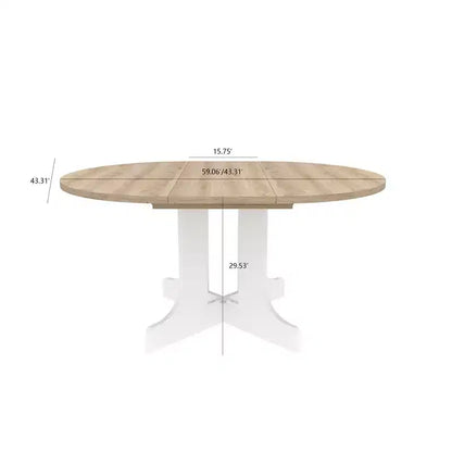 Table à manger extensible de ferme Okak 59IN avec pieds croisés, table de cuisine avec rallonge amovible, table pliante pour la cuisine, blanc+chêne