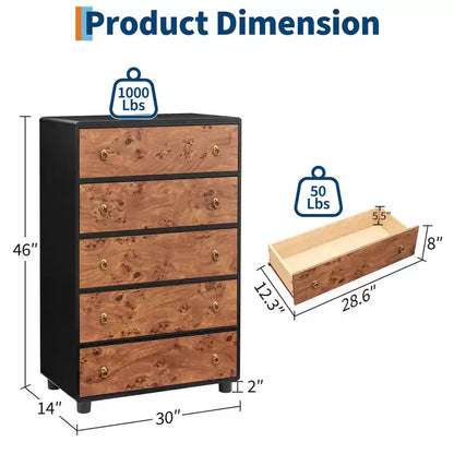 Commode à 5 tiroirs pour chambre à coucher, commode haute en bois de 46 po avec poignées en métal, meuble TV robuste pour salon, organisateur de rangement pour placard
