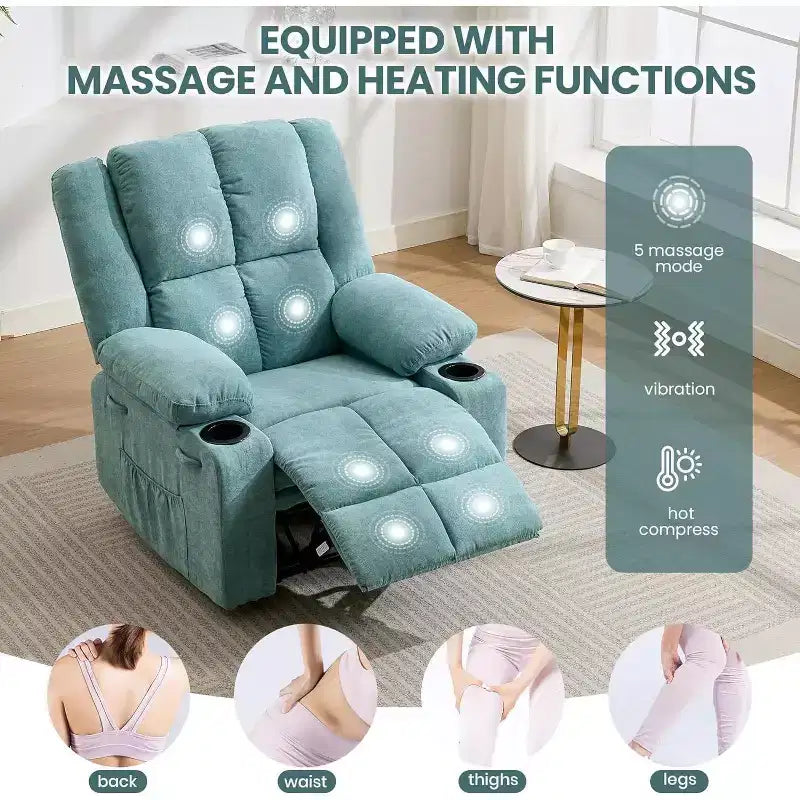 Fauteuil inclinable manuel avec massage et chauffage - Capacité de 175 kg, fauteuil d'appoint pour salon, chambre à coucher, inclinaison de 155°, porte-gobelets, livraison en une seule boîte