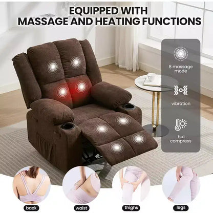 Fauteuil inclinable manuel avec massage et chauffage - Capacité de 175 kg, fauteuil d'appoint pour salon, chambre à coucher, inclinaison de 155°, porte-gobelets, livraison en une seule boîte