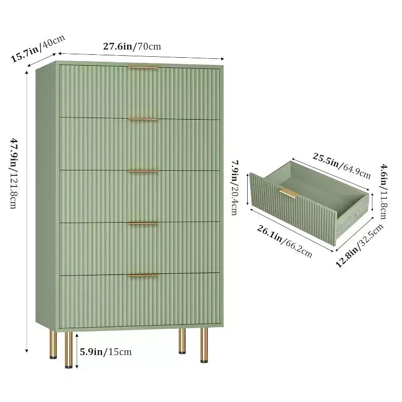 Commode à 5 tiroirs pour chambre à coucher, commode cannelée avec poignées, meuble de rangement pour chambre à coucher, salon, couloir