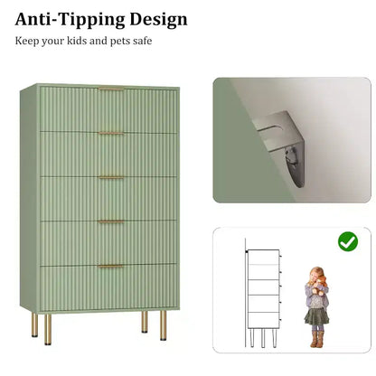 Commode à 5 tiroirs pour chambre à coucher, commode cannelée avec poignées, meuble de rangement pour chambre à coucher, salon, couloir