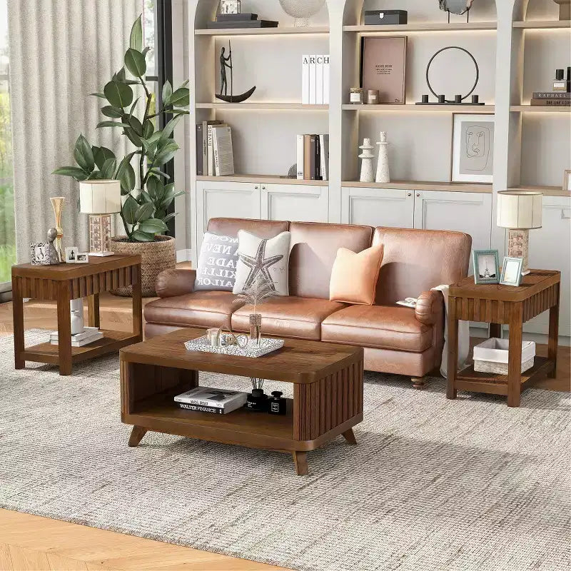 Table d'appoint rectangulaire de style rustique Zeus et Ruta de 63,5 cm avec étagère de rangement et pieds en bois massif pour le salon, la chambre ou le bureau, noyer