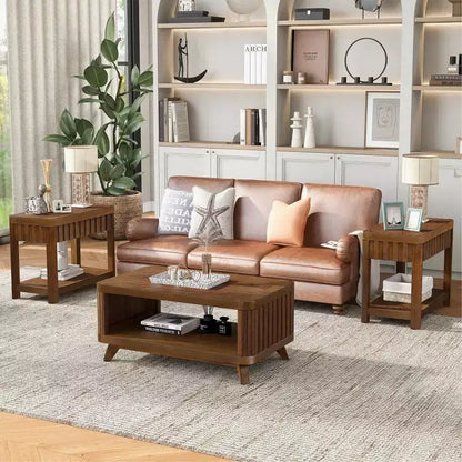 Table d'appoint rectangulaire de style rustique Zeus et Ruta de 63,5 cm avec étagère de rangement et pieds en bois massif pour le salon, la chambre ou le bureau, noyer