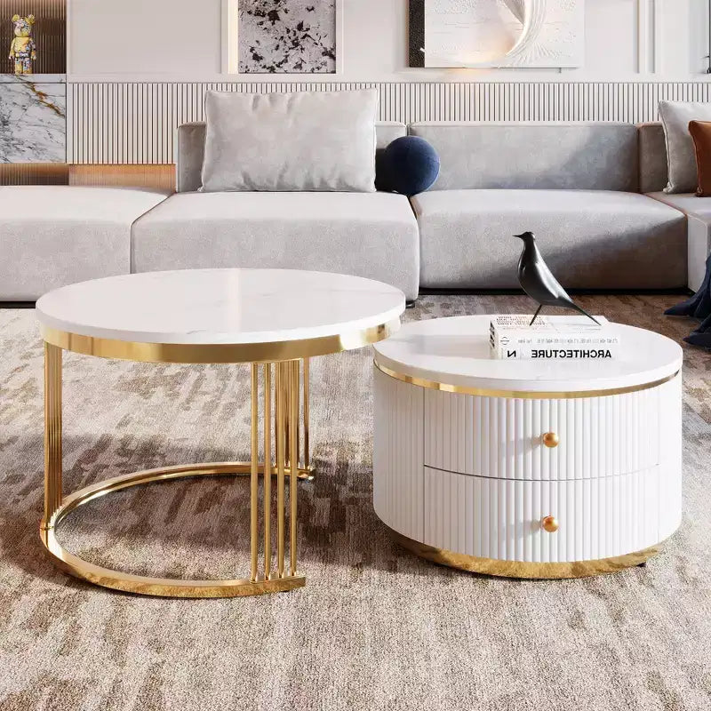 Zeus & Ruta 27.6'' White Modern White Round Nesting Coffee Tables - Built-in Drawers