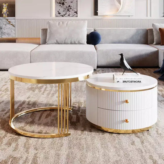 Zeus & Ruta 27.6'' White Modern White Round Nesting Coffee Tables - Built-in Drawers