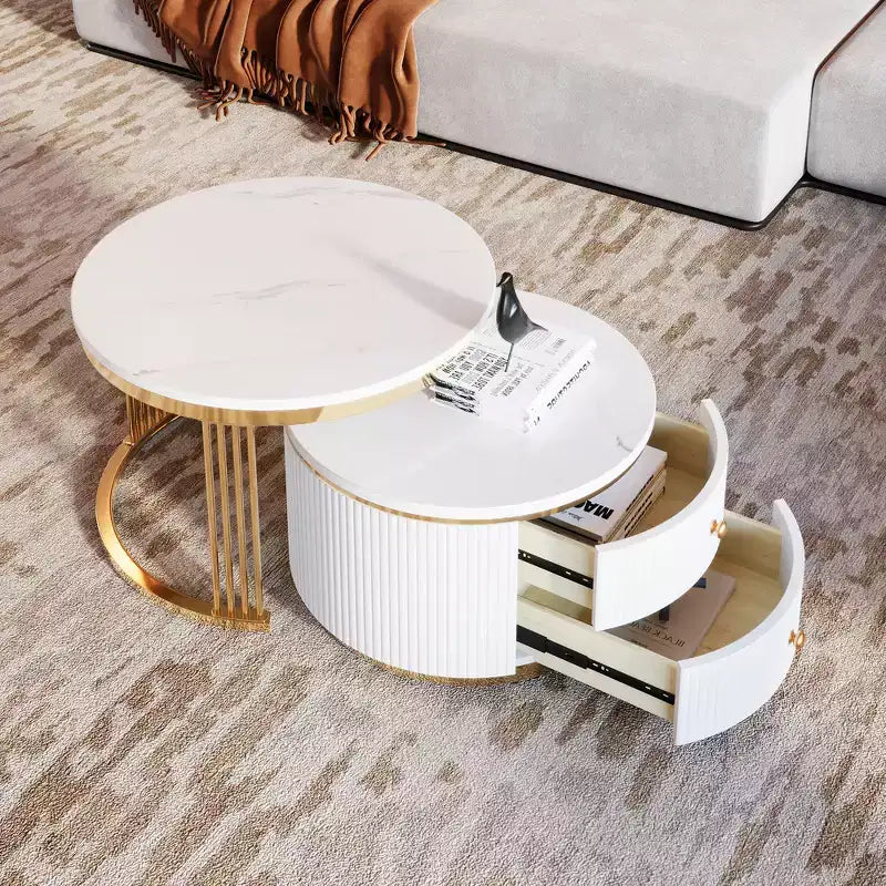 Tables basses gigognes rondes modernes blanches Zeus & Ruta 70 cm - Tiroirs intégrés