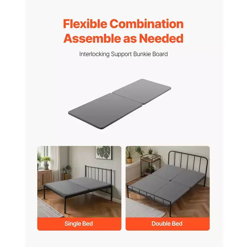 VEVOR Planche Bunkie Pleine Taille, Lattes de Lit 3,8 cm avec Tissu Oxford 200D, Support de Matelas en Bois pour Lit Double, 2 Pièces, Gris