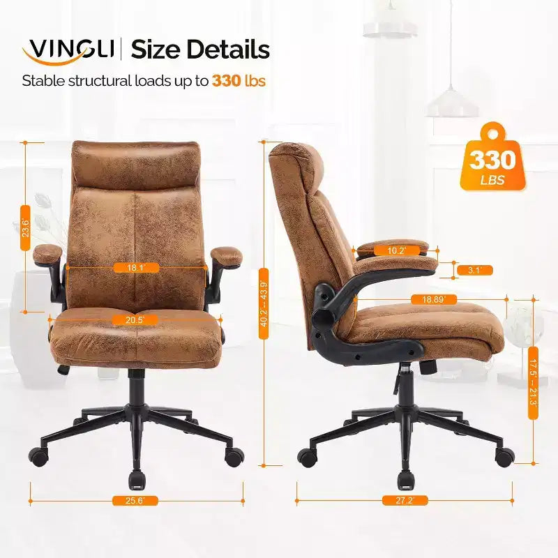 VINGLI Chaise de bureau ergonomique roulante en microfibre marron avec accoudoirs rembourrés relevables, fauteuil de direction à dossier haut pivotant à 360° avec roulettes