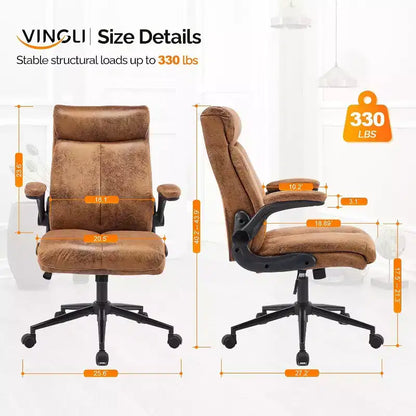 VINGLI Chaise de bureau ergonomique roulante en microfibre marron avec accoudoirs rembourrés relevables, fauteuil de direction à dossier haut pivotant à 360° avec roulettes