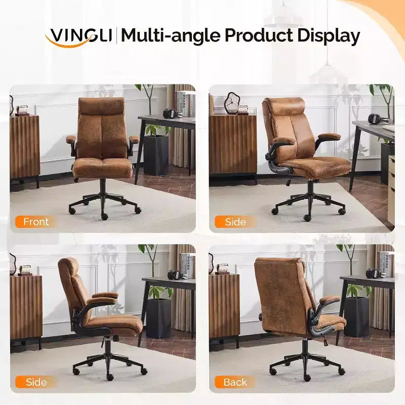 VINGLI Chaise de bureau ergonomique roulante en microfibre marron avec accoudoirs rembourrés relevables, fauteuil de direction à dossier haut pivotant à 360° avec roulettes