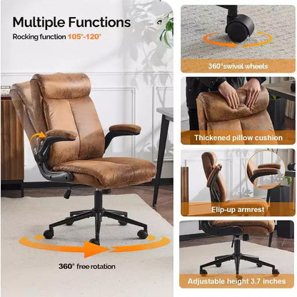 VINGLI Chaise de bureau ergonomique roulante en microfibre marron avec accoudoirs rembourrés relevables, fauteuil de direction à dossier haut pivotant à 360° avec roulettes