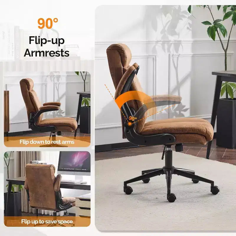 VINGLI Chaise de bureau ergonomique roulante en microfibre marron avec accoudoirs rembourrés relevables, fauteuil de direction à dossier haut pivotant à 360° avec roulettes