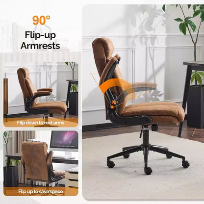 VINGLI Chaise de bureau ergonomique roulante en microfibre marron avec accoudoirs rembourrés relevables, fauteuil de direction à dossier haut pivotant à 360° avec roulettes