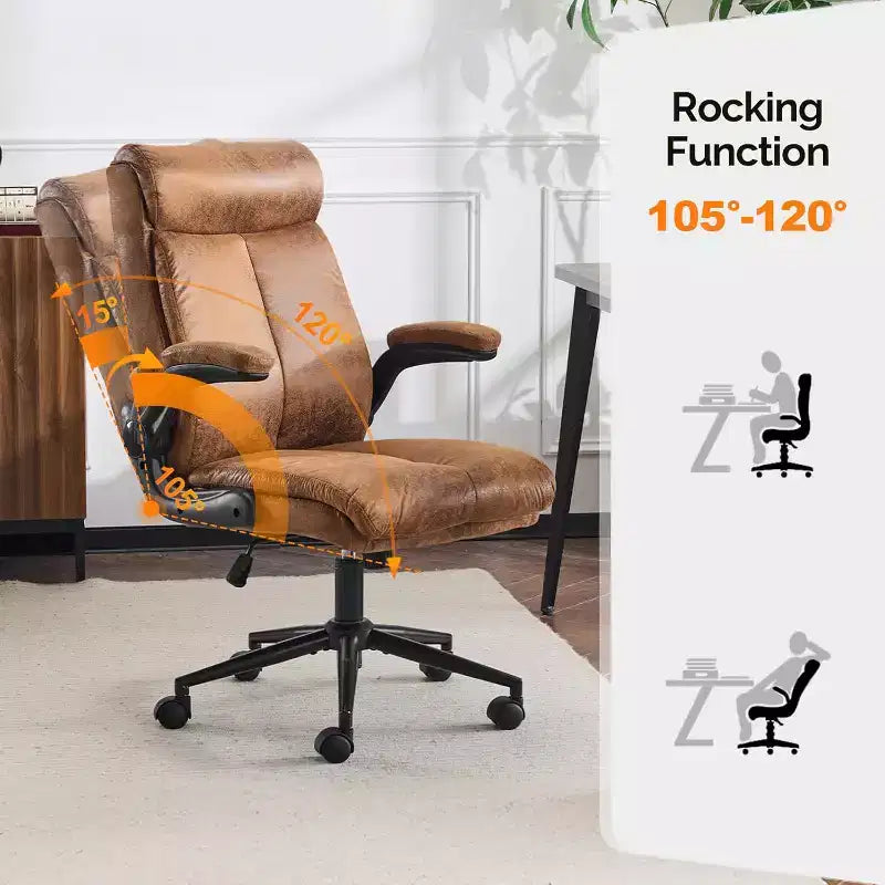 VINGLI Chaise de bureau ergonomique roulante en microfibre marron avec accoudoirs rembourrés relevables, fauteuil de direction à dossier haut pivotant à 360° avec roulettes