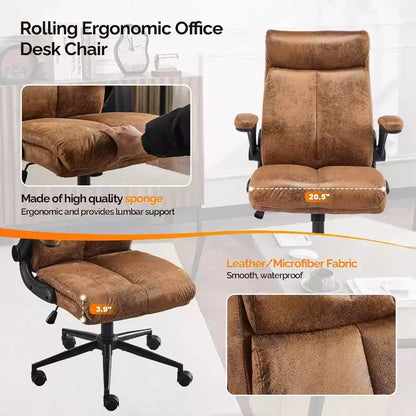 VINGLI Chaise de bureau ergonomique roulante en microfibre marron avec accoudoirs rembourrés relevables, fauteuil de direction à dossier haut pivotant à 360° avec roulettes