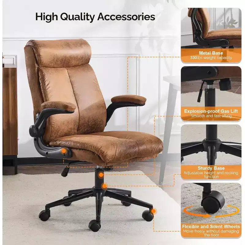VINGLI Chaise de bureau ergonomique roulante en microfibre marron avec accoudoirs rembourrés relevables, fauteuil de direction à dossier haut pivotant à 360° avec roulettes