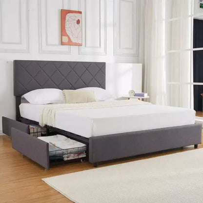 Queen Size Bed Frame with Adjustable Headboard, Upholstered Bed Frame with 4 Storage Drawers, Noise-Free, No Box Spring Needed