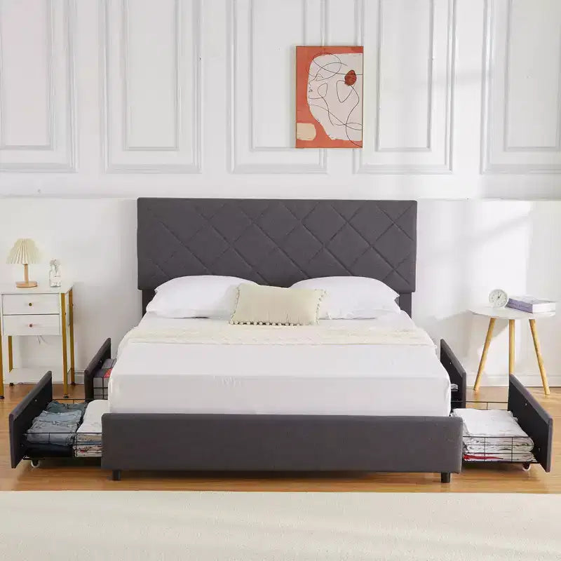 Cadre de lit Queen Size avec tête de lit réglable, cadre de lit rembourré avec 4 tiroirs de rangement, silencieux, pas besoin de sommier tapissier