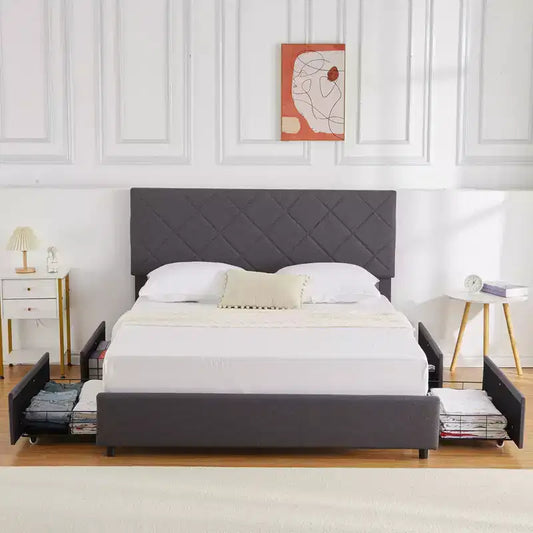 Cadre de lit Queen Size avec tête de lit réglable, cadre de lit rembourré avec 4 tiroirs de rangement, silencieux, pas besoin de sommier tapissier