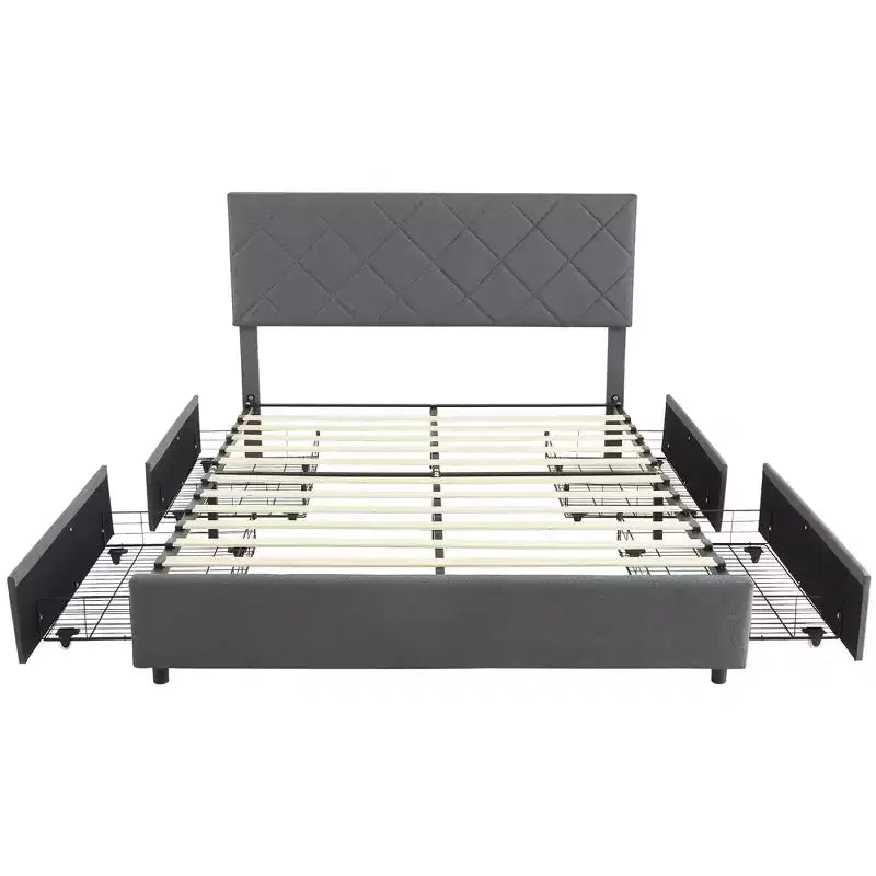 Cadre de lit Queen Size avec tête de lit réglable, cadre de lit rembourré avec 4 tiroirs de rangement, silencieux, pas besoin de sommier tapissier