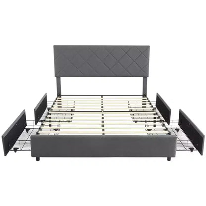 Cadre de lit Queen Size avec tête de lit réglable, cadre de lit rembourré avec 4 tiroirs de rangement, silencieux, pas besoin de sommier tapissier