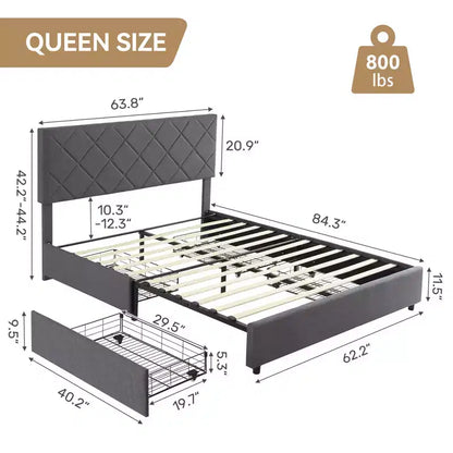 Cadre de lit Queen Size avec tête de lit réglable, cadre de lit rembourré avec 4 tiroirs de rangement, silencieux, pas besoin de sommier tapissier