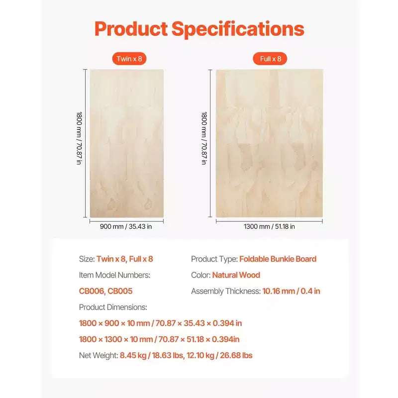 VEVOR Planche de lit jumeau, lattes pliables de 1 cm avec connexion, support de matelas en bois pour lit jumeau, 8 pièces, bois clair