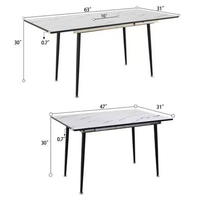 Okak Table de cuisine carrée extensible de 160 cm pour 6 personnes, Table de salle à manger à motif marbre, Table pliante pour salle à manger, salon, Blanc