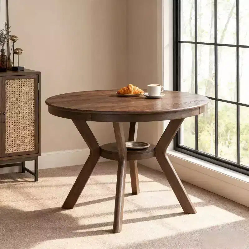 Table à manger ronde en bois Homy Casa avec étagère, table de salle à manger moderne pour la cuisine ou les petits espaces