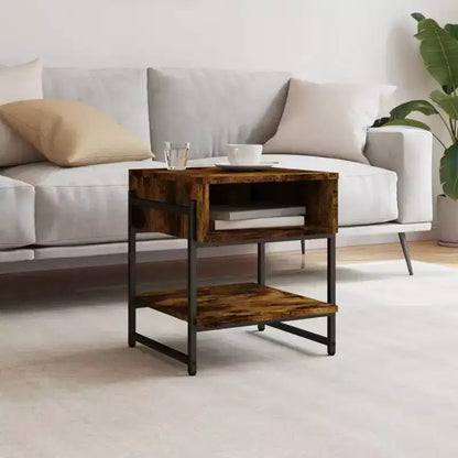 vidaXL Table basse chêne fumé – Meuble d'appoint style industriel pour salon – Bois d'ingénierie avec cadre en métal, étagère de rangement, pieds réglables