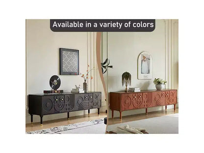 JVNOXK Meuble TV du milieu du siècle, meuble TV média moderne avec 4 placards, centre de divertissement en bois pour TV de 55 pouces et plus, console TV minimaliste pour salon